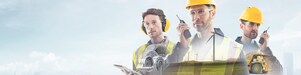 three workers on radios and reading documents, transposed over a background of blue sky with light clouds