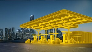 futuristic glowing wireframe of a shell service station