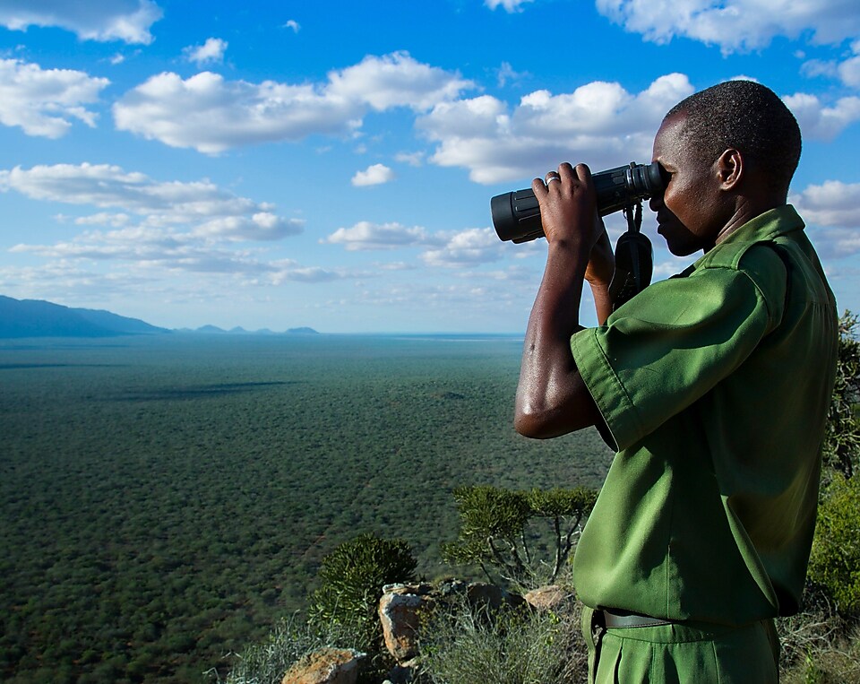 a man looking at nature through binoculars